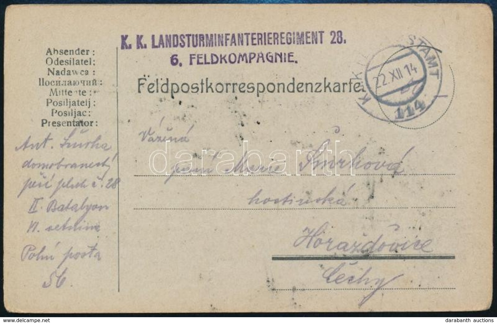 1914 Tábori Posta Levelez?lap 'K.K. LANDSTURMINFANTERIEREGIMENT 28. 6. FELDKOMPAGNIE' + 'FP 114' - Altri & Non Classificati