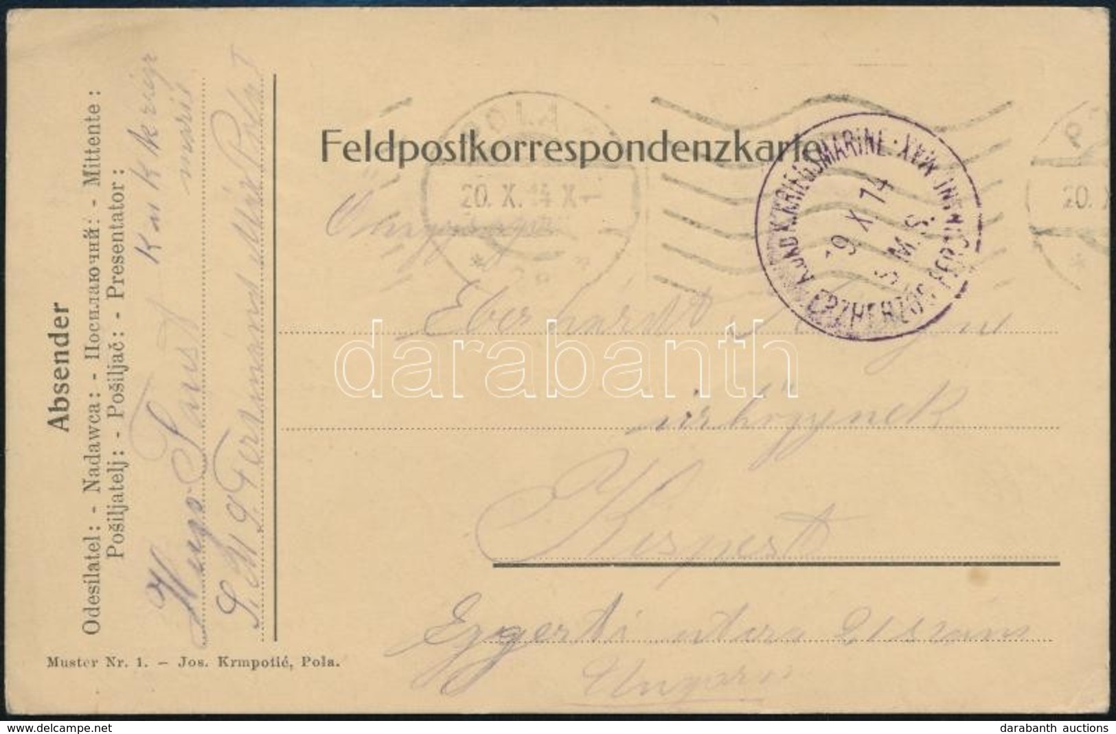 1914 Tábori Posta Levelez?lap 'K.u.K. KRIEGSMARINE / S.M.S. ERZHERZOG FERDINAND MAX' - Autres & Non Classés