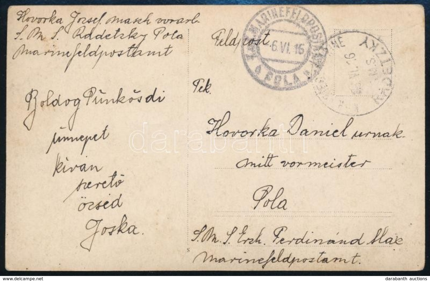 1916 Képeslap Haditengerészeti Postával 'K.u.K MARINEFELDPOSTAMT POLA' + 'S.M.S. RADETZKY' - Autres & Non Classés