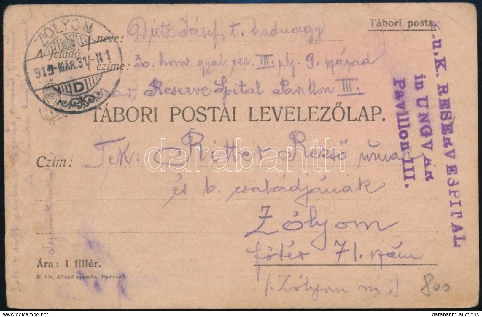 1915 Tábori Posta Levelez?lap / Field Postcard 'K.u.k. RESERVESPITAL In UNGVÁR Pavillon III.' - Other & Unclassified