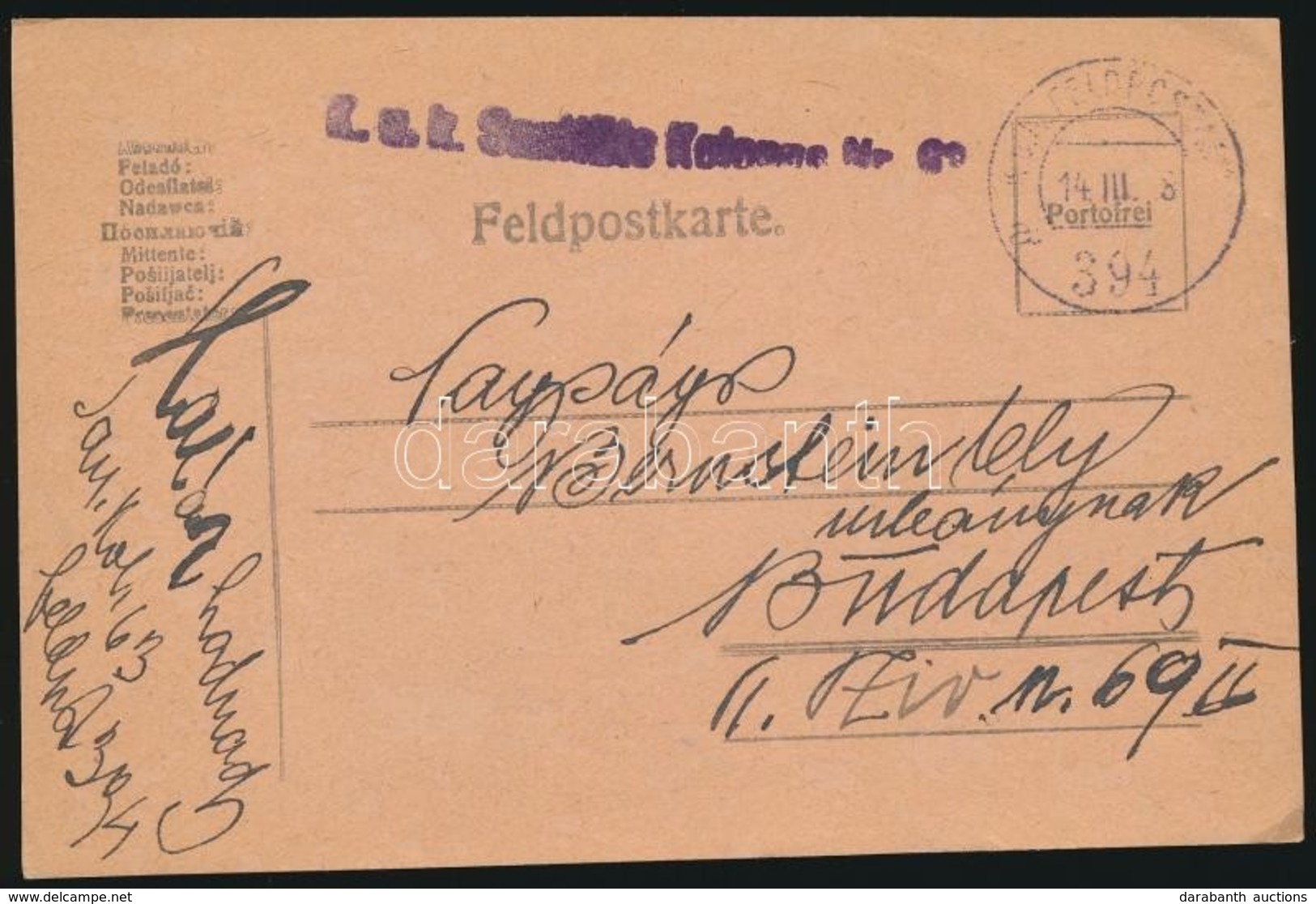 1918 Tábori Posta Levelez?lap 'K.u.k. Sanitäts Kolonne Nr. 63.' + 'FP 394 A' - Other & Unclassified