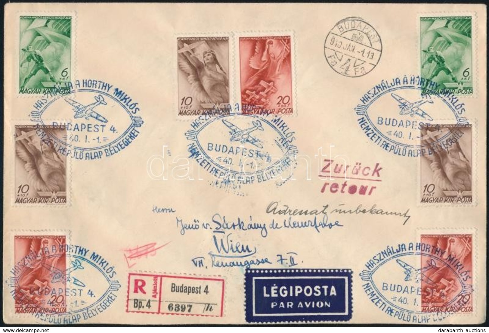 1940 Ajánlott Légi Levél 8 Bélyeges Bérmentesítéssel Bécsbe, Visszaküldve / Registered Airmail Cover To Vienna, Returned - Otros & Sin Clasificación