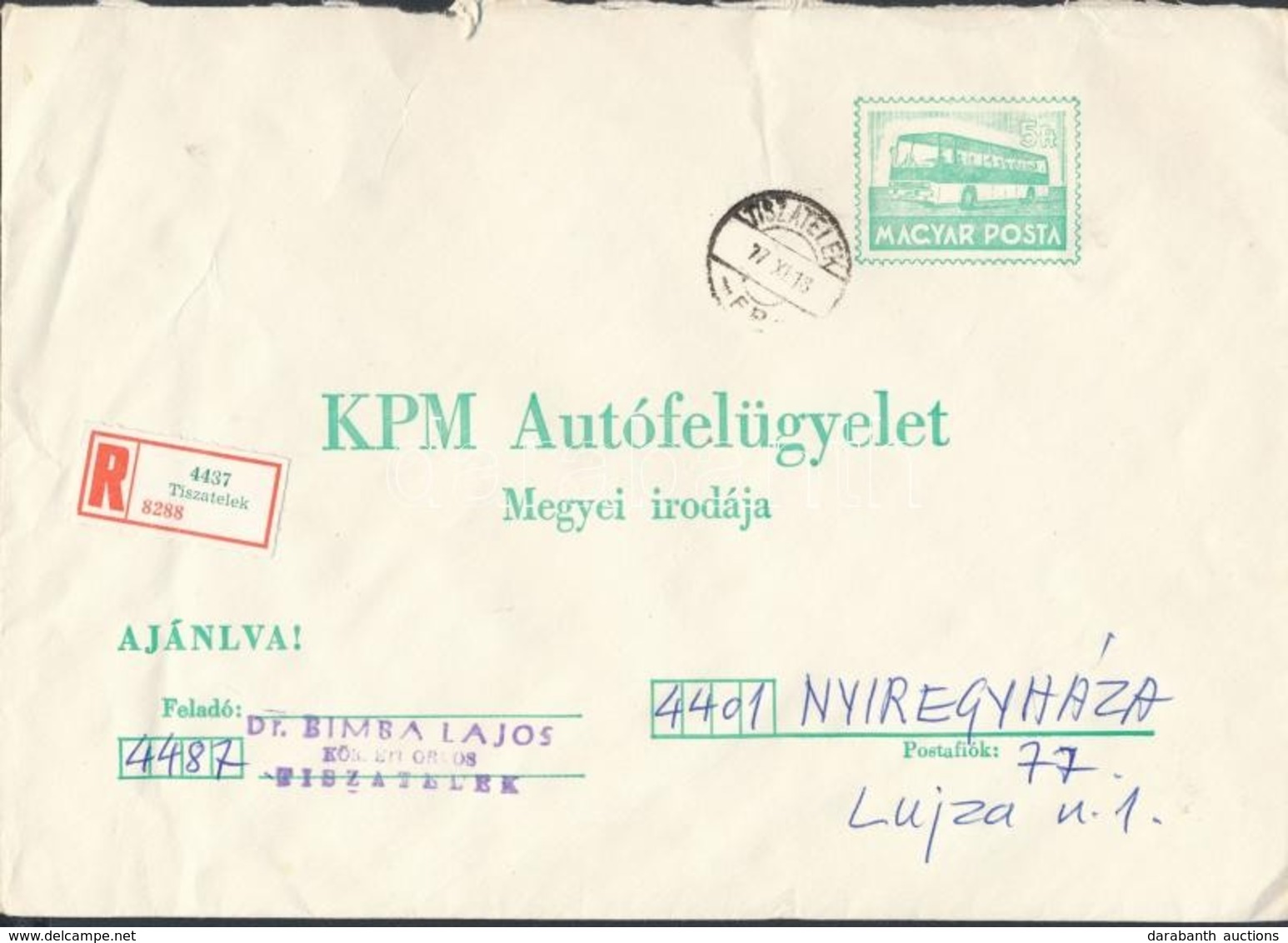 1977 KPM Autófelügyelet Díjjegyes Borítékja Ajánlott Levélként - Other & Unclassified