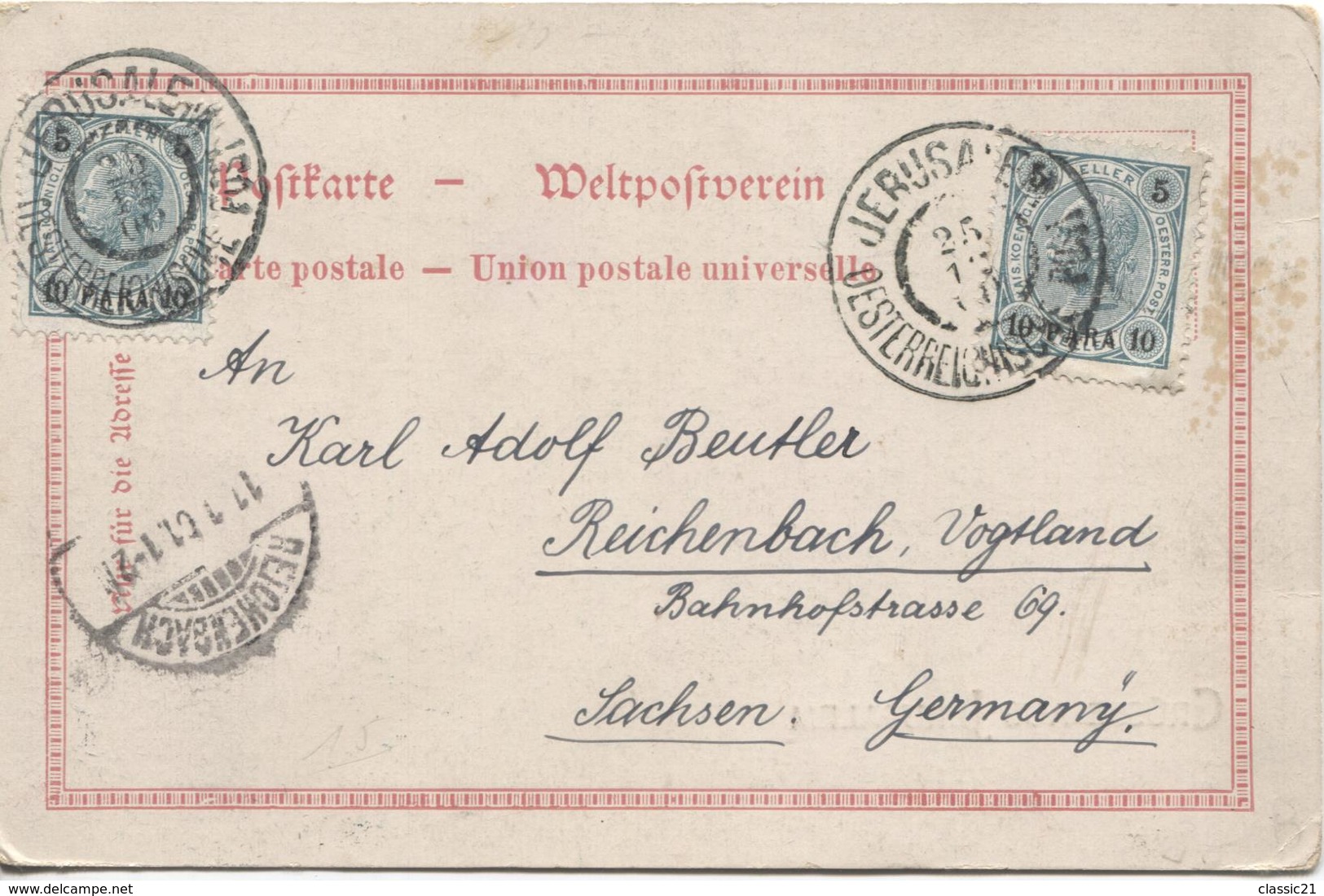 Österreich PK Grüsse Jerusalem Östererische Post 1901 N.Germany Reichenback Arrival Cancellation 2208 - Levant Autrichien