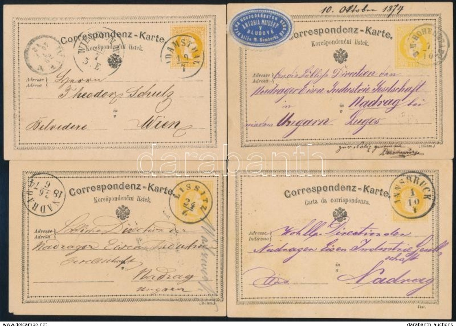 1872-1874 4 Db Díjjegyes Levelez?lap Szép Bélyegzésekkel / 4 PS-cards 'B.H.HOHENSTADT', 'LISSITZ', 'ADAMSTHAL', 'INNSBRU - Otros & Sin Clasificación