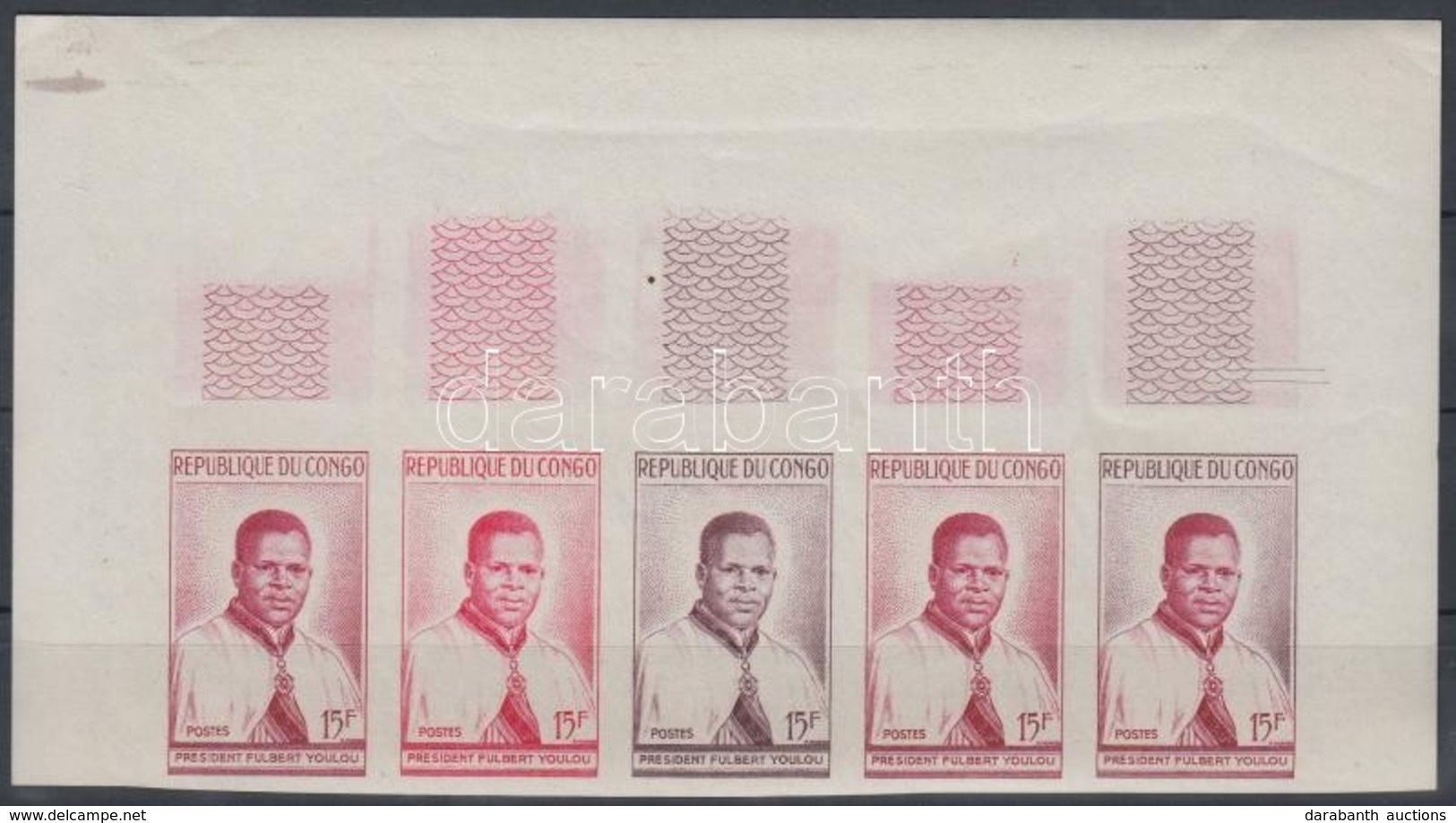 ** 1960 Fulbert Youlou Elnök Mi 4 5 Db Fogazatlan Színpróba ötöscsíkban / Stripe Of 5 Different Imperforate Coulor Proof - Otros & Sin Clasificación