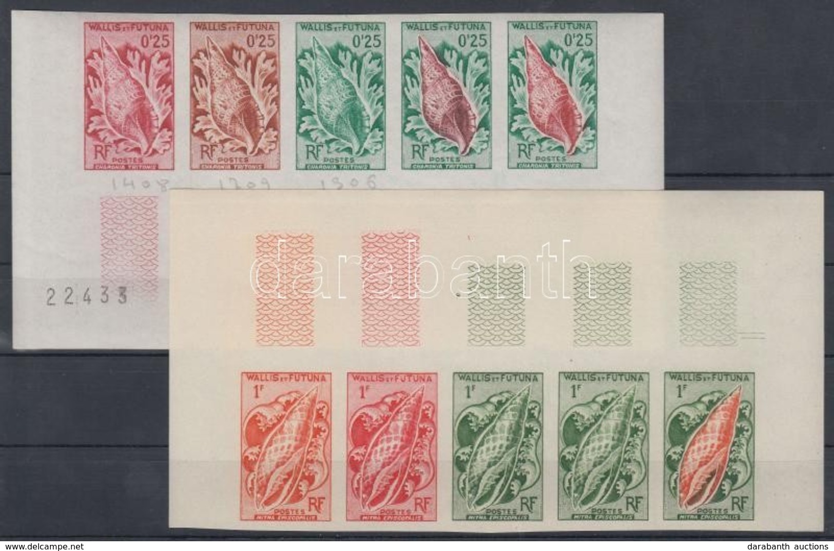 ** 1962 Kagylók Mi 193-198 30 Klf Fogazatlan Színpróba 6 Db ívsarki ötöscsíkban / 6 Stripes Of 5 Different Imperforate C - Otros & Sin Clasificación