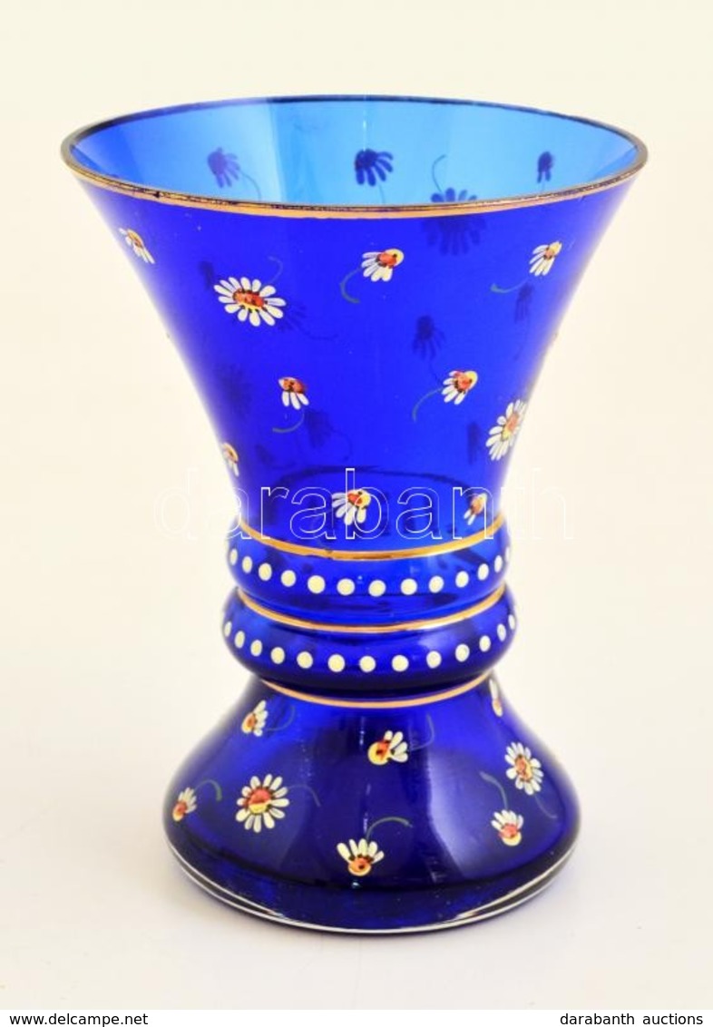 Parádi Kék üveg Váza, Kézzel Festett Virágmintával, Kis Kopásnyomokkal, Jelzés Nélkül, M: 17 Cm - Verre & Cristal