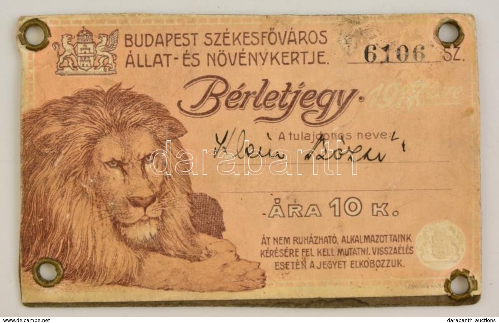 1918 Budapest, Állatkerti Bérletjegy - Unclassified