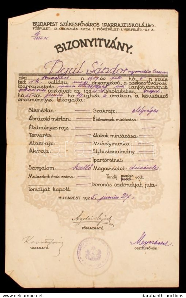 1925 Budapest Székesf?város Iparrajziskola 2db Bizonyítványa - Unclassified