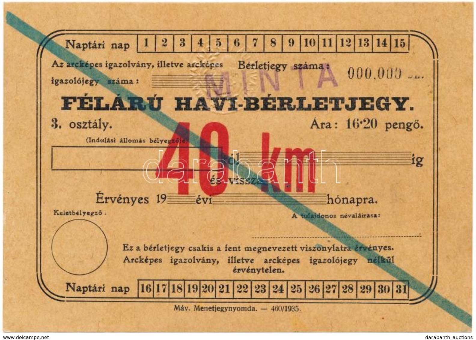 1935 MÁV Félárú Havi Vasúti Bérletjegy Minta - Unclassified