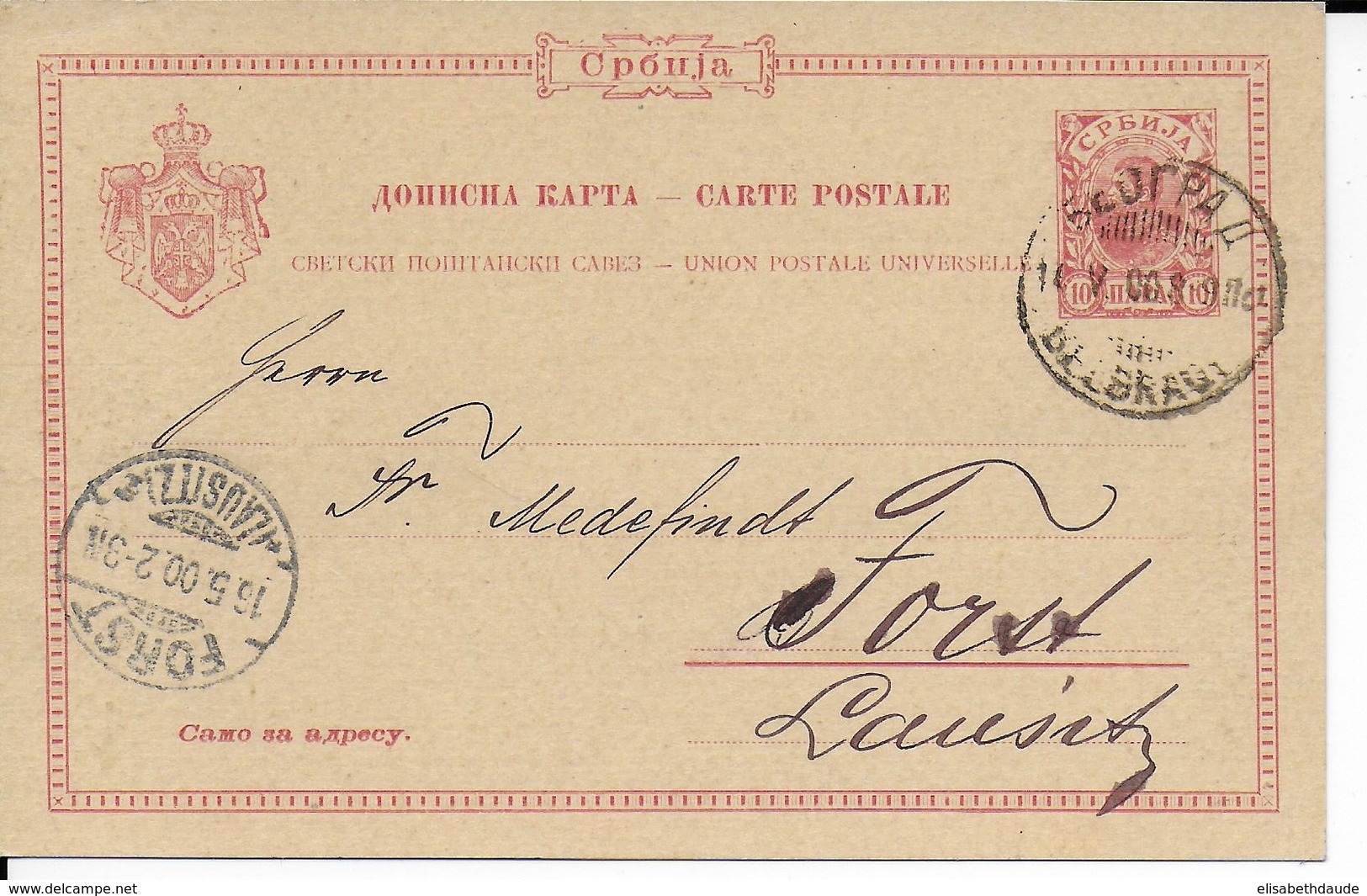 SERBIE - 1900 - CARTE ENTIER POSTALavec REPIQUAGE AU DOS De BELGRADE => FORST (ALLEMAGNE) - Serbie