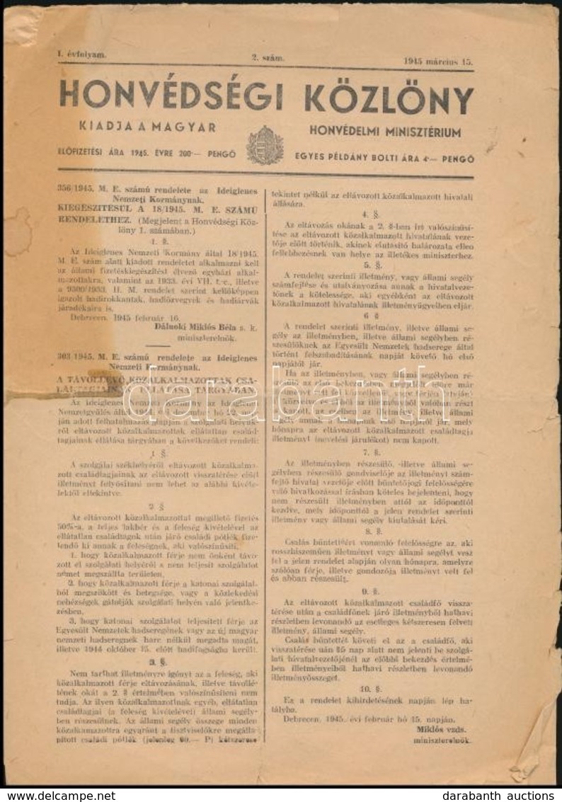 1945 A Honvédségi Közlöny. I. évf. 2, Száma, Benne Az új Honvédesk? Szövegéve L - Otros & Sin Clasificación