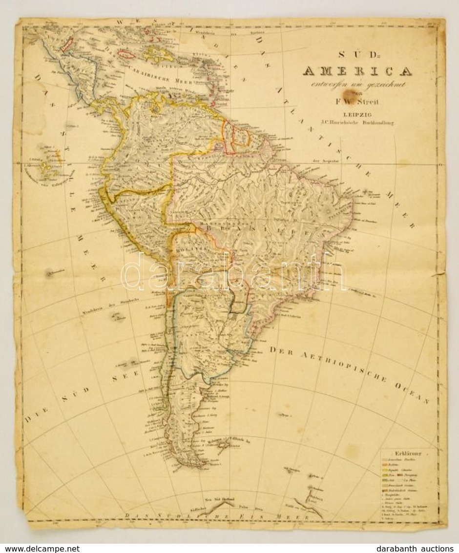 1829 Dél-Amerika Rézmetszet? Térképe F. W. Streit, Leipzig, J. C. Hinrichs, 39x49 Cm Sz?kre Vágva. ./ 1829 Etched Map Of - Autres & Non Classés