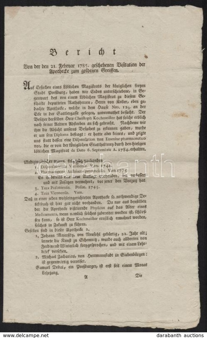 1785 Jelentés A Pozsonyi Arany Griff Patikában Lezajlott Vizsgálatról. A Személyzet, Az Eszközök, A Gyógyszerek Felsorol - Sin Clasificación