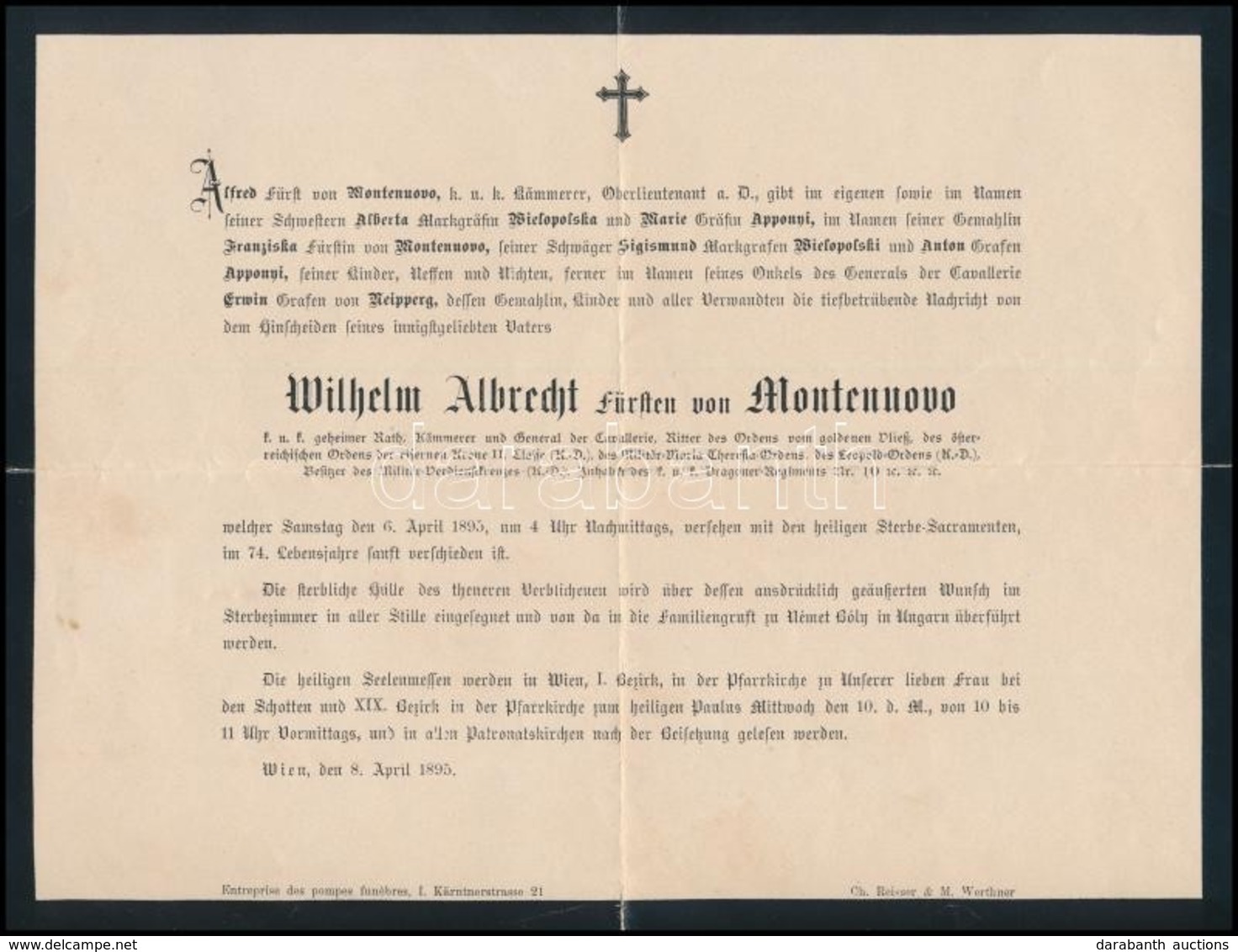 1895 Wilhelm Albert, Montenuovo Hercegének Halotti értesít?je / Death Announcement Of The Duke Of Montenuovo. - Sin Clasificación