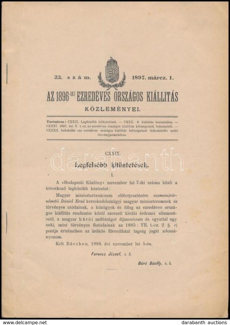 1896 Bécs, 1896-iki Ezredéves Országos Kiállítás Közleményei, Kitüntetettek Névsorával, A Kiállítás Bevétel-kiadási Elsz - Sin Clasificación