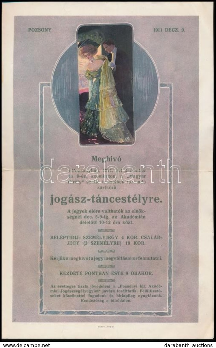 1911  Szecessziós Dekoratív Meghívó Pozsonyi (Felvidék) Jogász Táncestélyre, Kiadja Kner Nyomda, Hajtott, 2p - Non Classés
