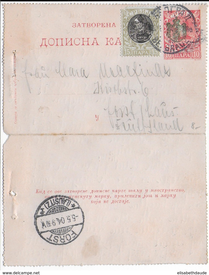 SERBIE - 1904 - CARTE-LETTRE ENTIER POSTAL De BELGRADE => FORST (ALLEMAGNE) - Serbie