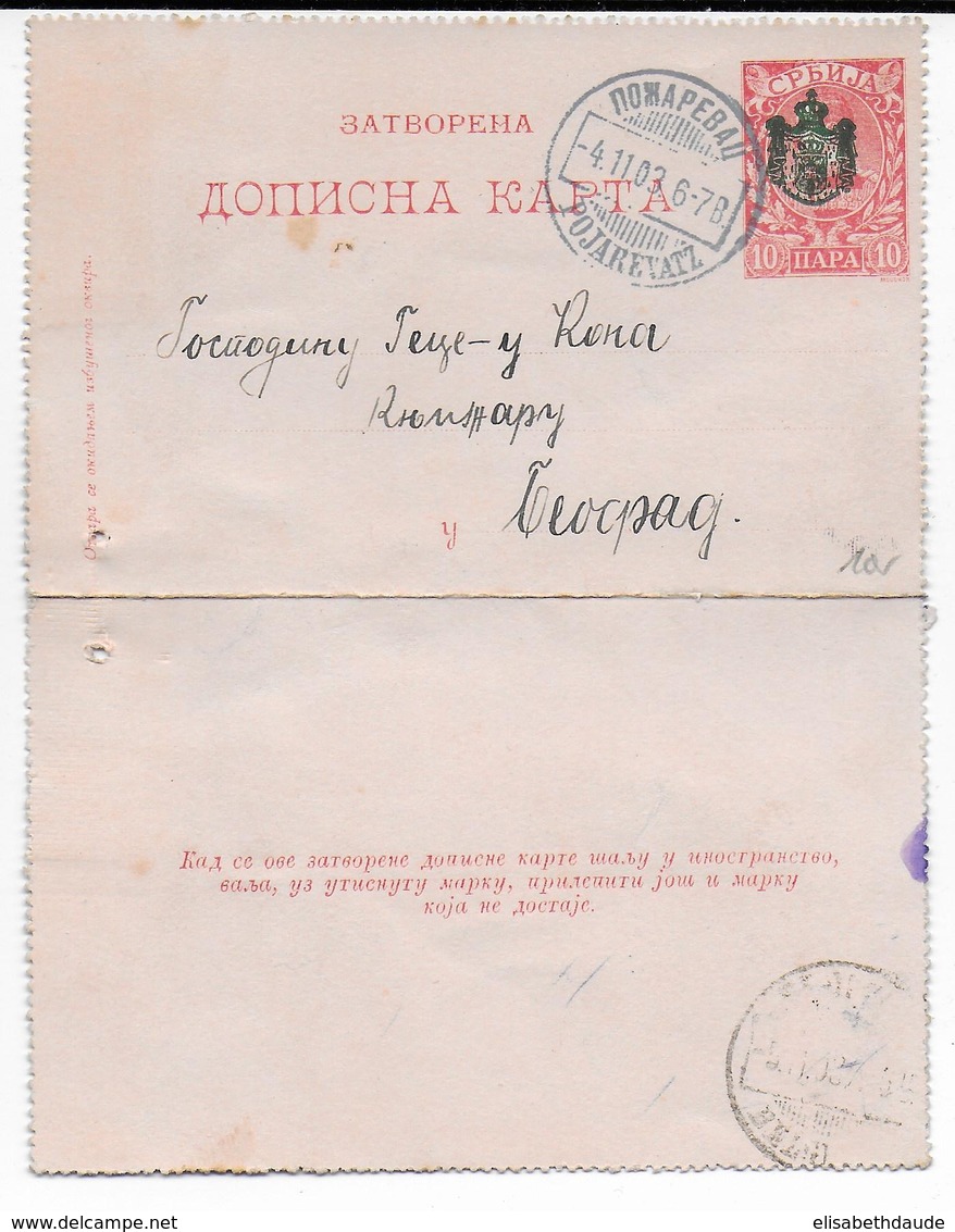 SERBIE - 1903 - CARTE-LETTRE ENTIER POSTAL De POJAREVATZ - Serbia