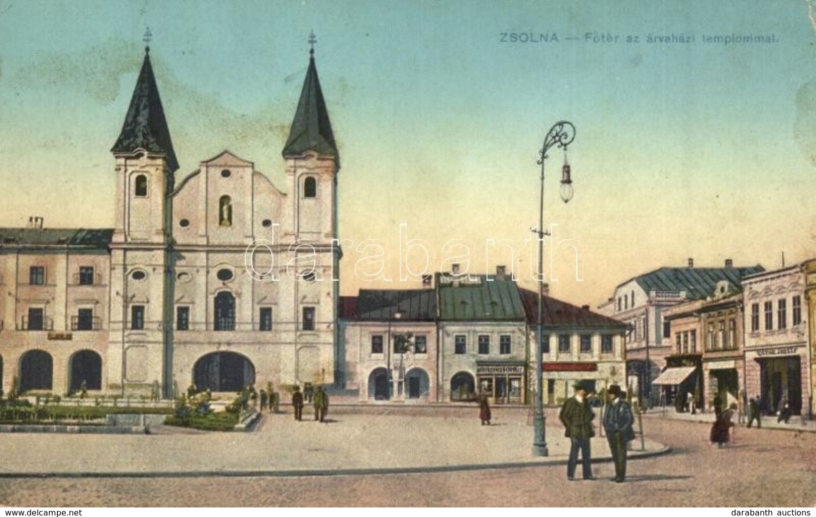 * T2/T3 Zsolna, Sillein, Zilina; F?tér Az árvaházi Templommal, Tatár József üzlete / Main Square, Church, Shops (EK) - Non Classés