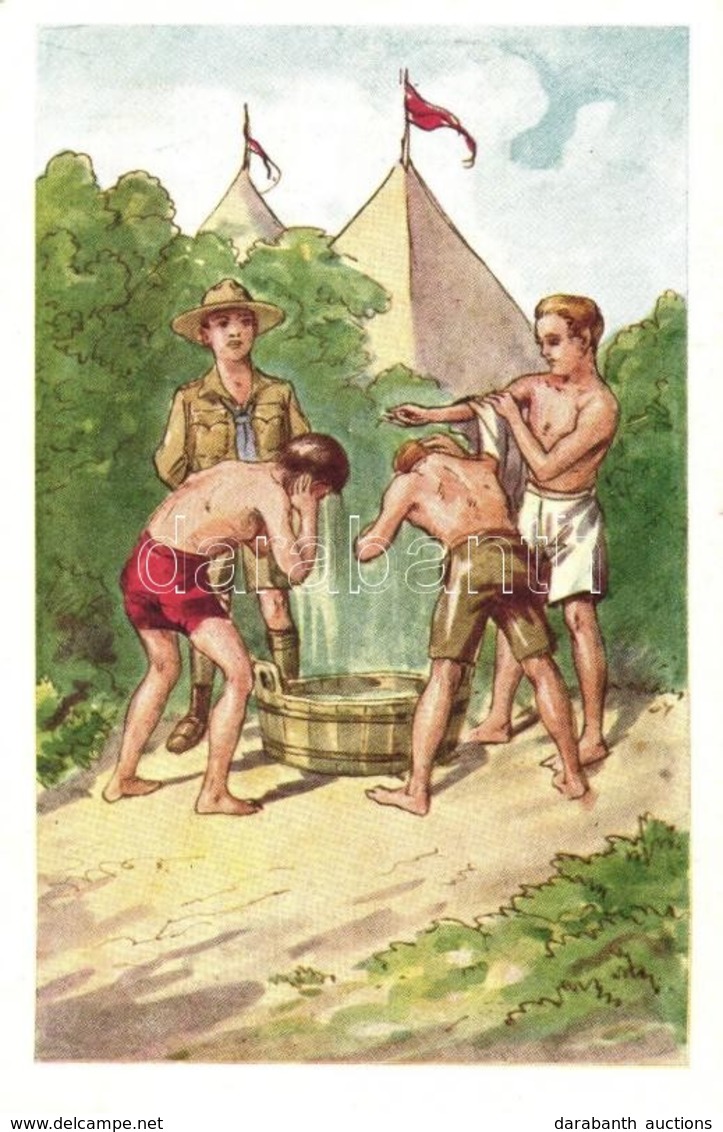 ** T1 Reggeli Mosakodás. Rigler József Ede Kiadása (R.J.E.) 8005.  / Hungarian Scout Art Postcard - Unclassified