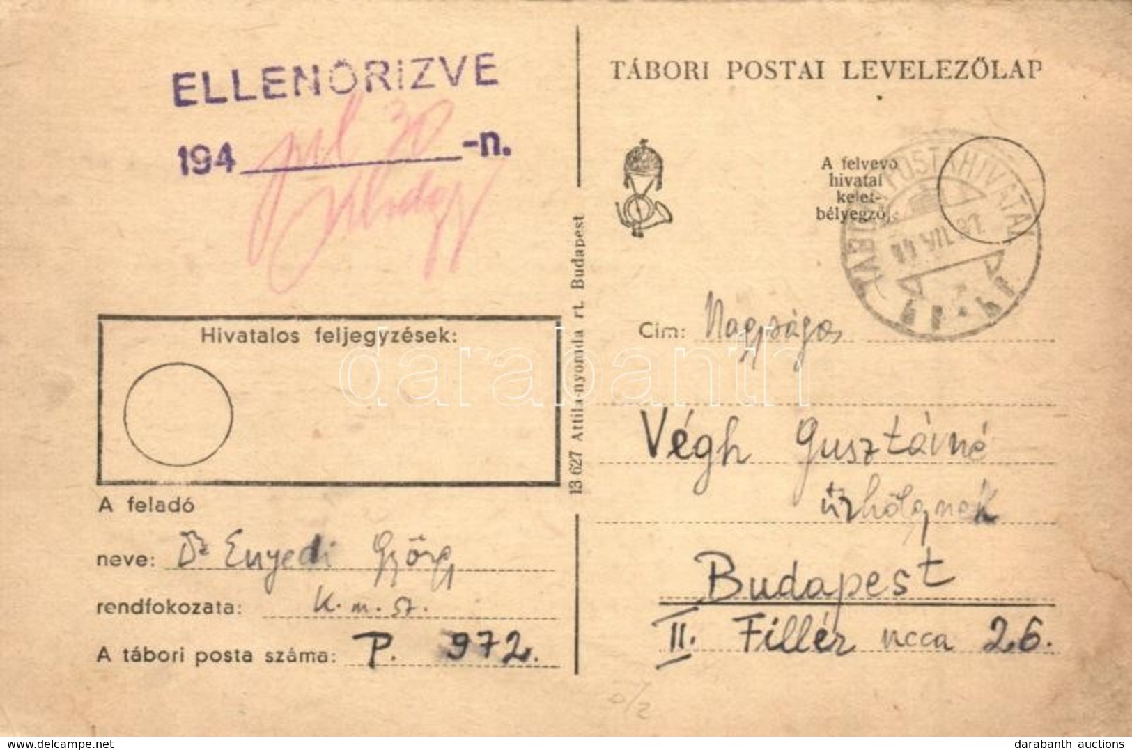 T2/T3 1944 Enyedi György Zsidó KMSZ (közérdek? Munkaszolgálatos) Levele Végh Gusztávnénak / WWII Letter From A Jewish La - Unclassified