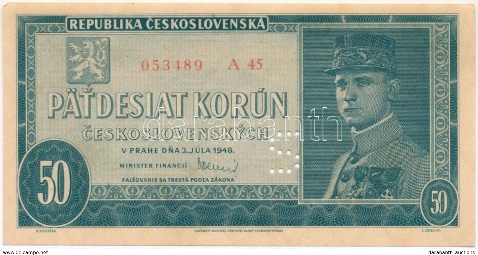 Csehszlovákia 1948. 50K 'S' Mint Minta Perforációval T:I- 
Czechoslovakia 1948. 50 Korun With 'S' As Specimen Perforatio - Non Classés