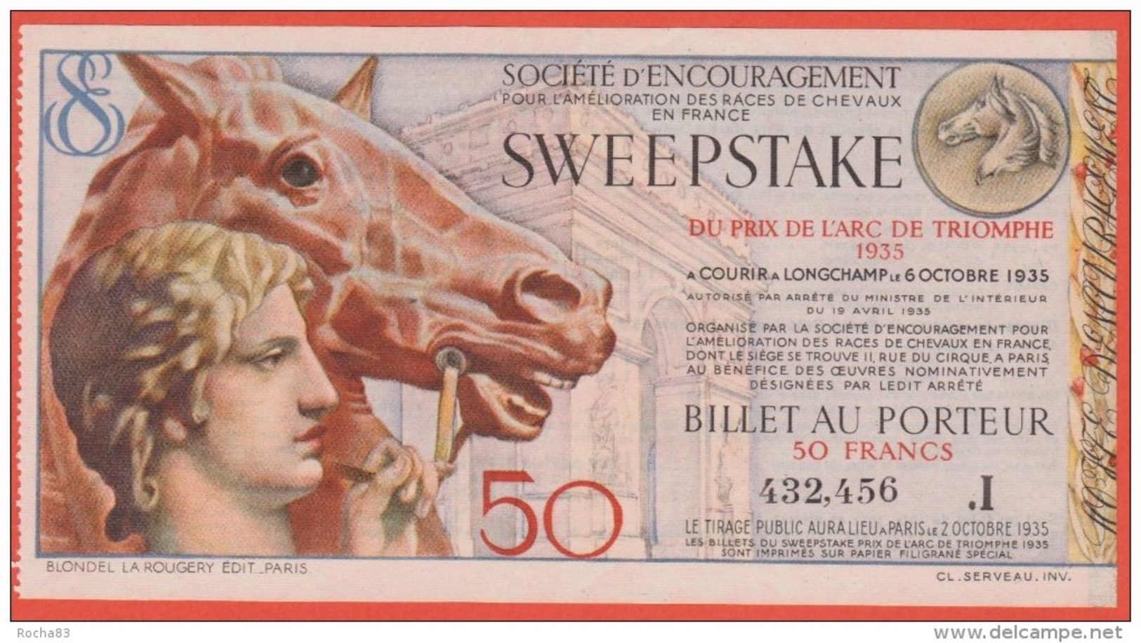 Loterie Nationale - 1935 - Billet Entier De 50 F. - SWEEPSTAKE - Prix De L'Arc De Triomphe - Billets De Loterie