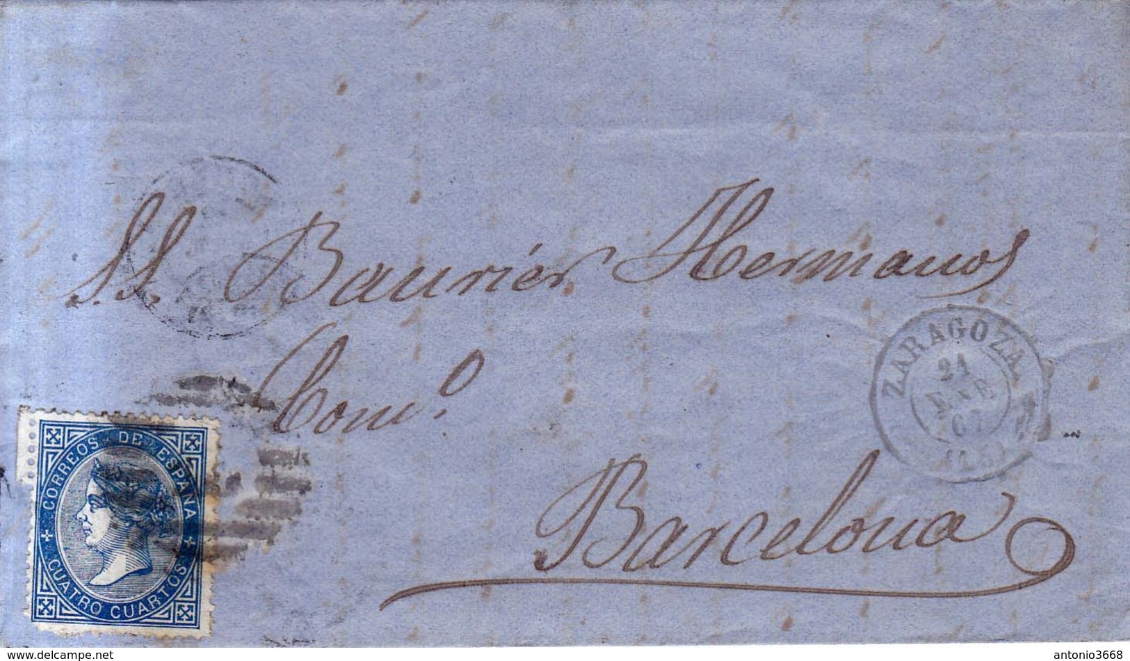 Año 1867 Edifil 88 4 C.  Isabel II Carta Con Matasellos Rejilla Cifra 15 Zaragoza - Cartas & Documentos