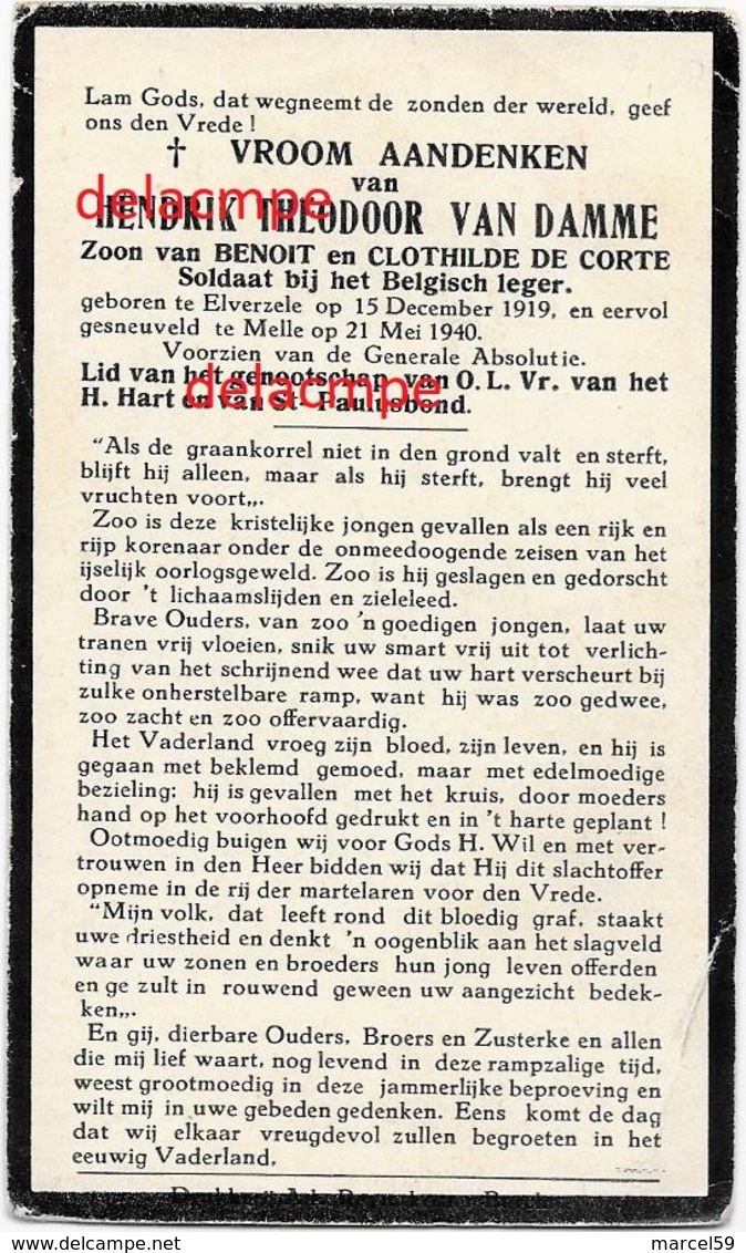 OORLOG GUERRE Hendrik Van Damme Elversele SOLDAAT Gesneuveld Te Melle 21 Mei 1940 Bidprentje Doodsprentje - Devotieprenten