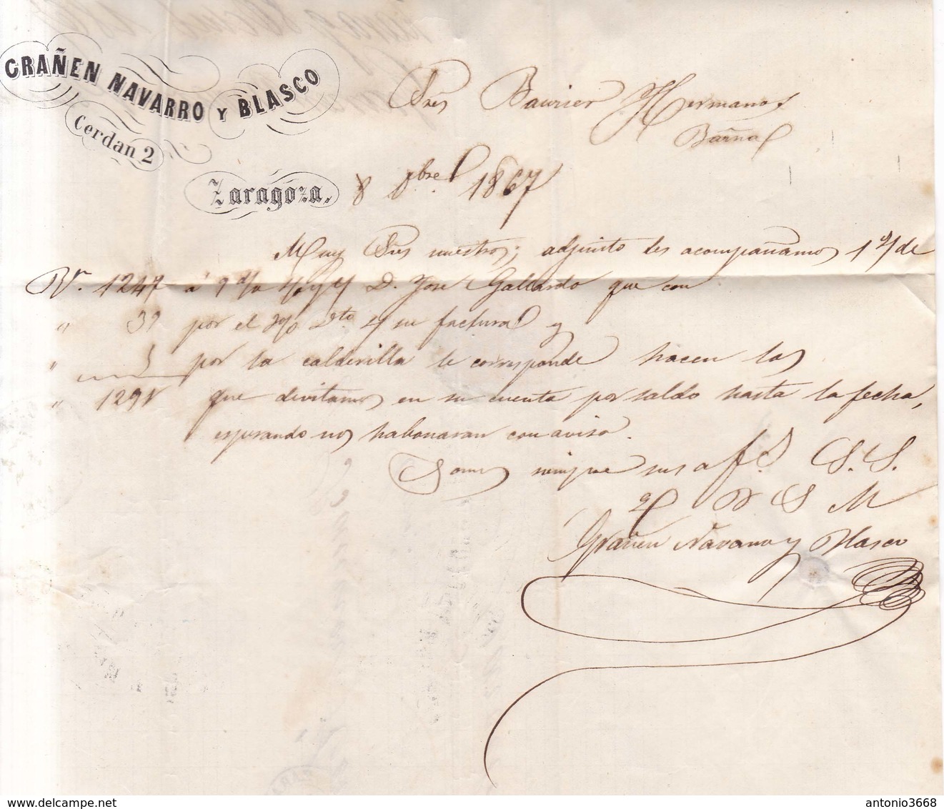 Año 1867 Edifil 96 50m Isabel II Carta Matasellos Rejilla Cifra 15 Zaragoza - Cartas & Documentos