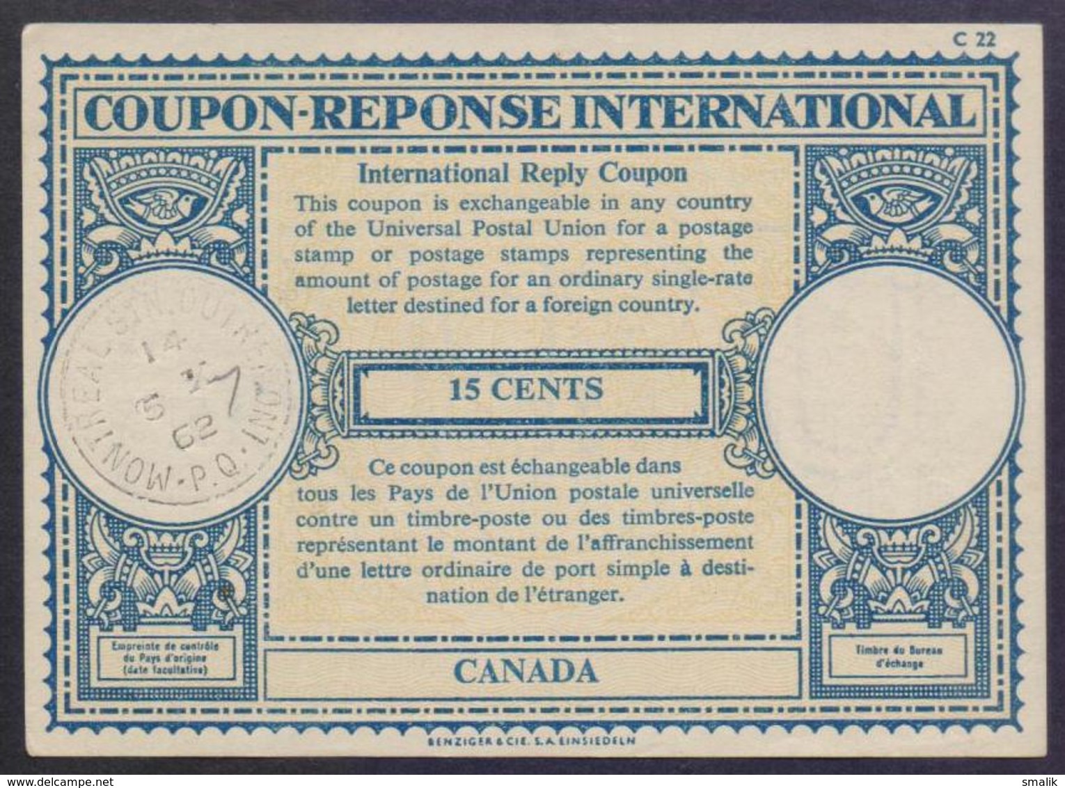 CANADA - 15 Cents London Type IRC COUPON REPONSE INTERNATIONAL REPLY, UPU, Cancelled 5.10. 1962 - Buoni Risposta Internazionali (Coupon)