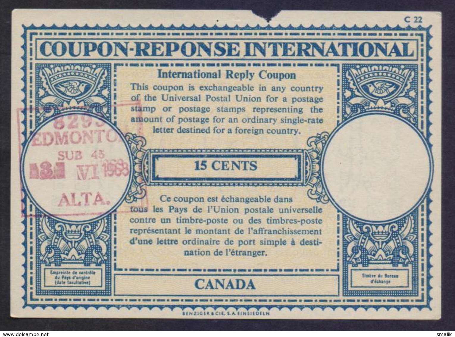 CANADA - 15 Cents London Type IRC COUPON REPONSE INTERNATIONAL REPLY, UPU, Cancelled 3.6.1968, Minor Broken - Buoni Risposta Internazionali (Coupon)