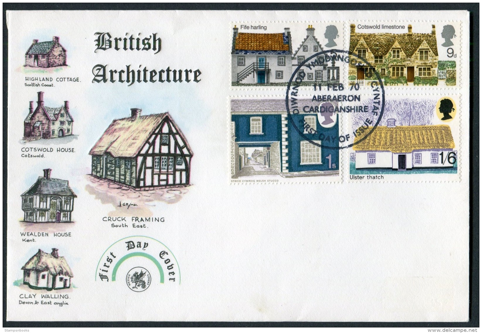 1970 GB Architecture First Day Cover. Cottages FDC. Aberaeron - 1952-1971 Pre-Decimal Issues