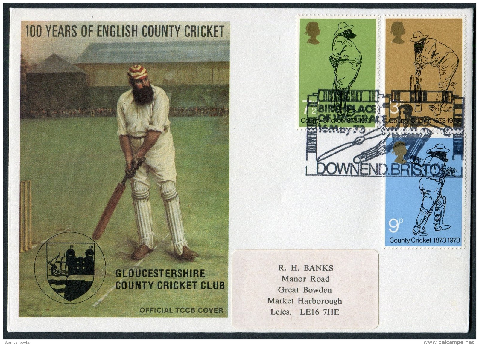 1973 GB Cricket First Day Cover. Official TCCB Cover, Gloucestershire, Downend, Bristol. WG Grace FDC - 1971-1980 Decimal Issues