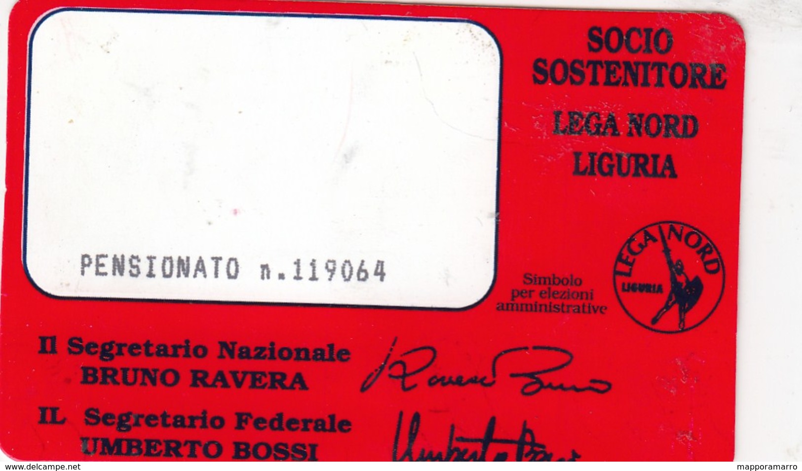 TESSERA PARTITO LEGA NORD.- 1993- SEZ. LIGURIA- SOCIO SOSTENITORE-- EMANATA-PLASTIFICATA- - Documenti Storici