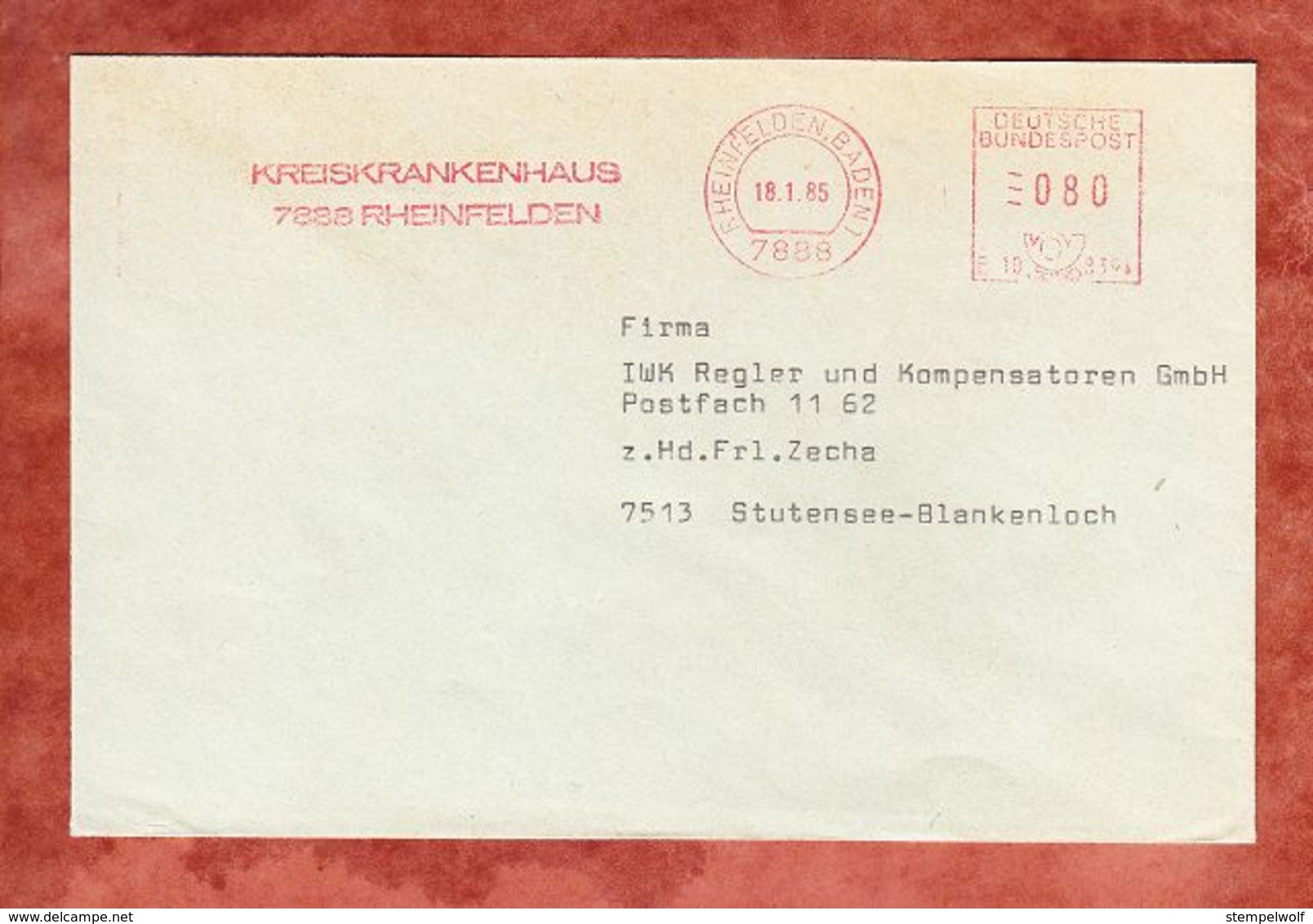 Brief, Pitney Bowes E10-8394, Kreiskrankenhaus Rheinfelden, 80 Pfg, 1985 (54907) - Máquinas Franqueo (EMA)