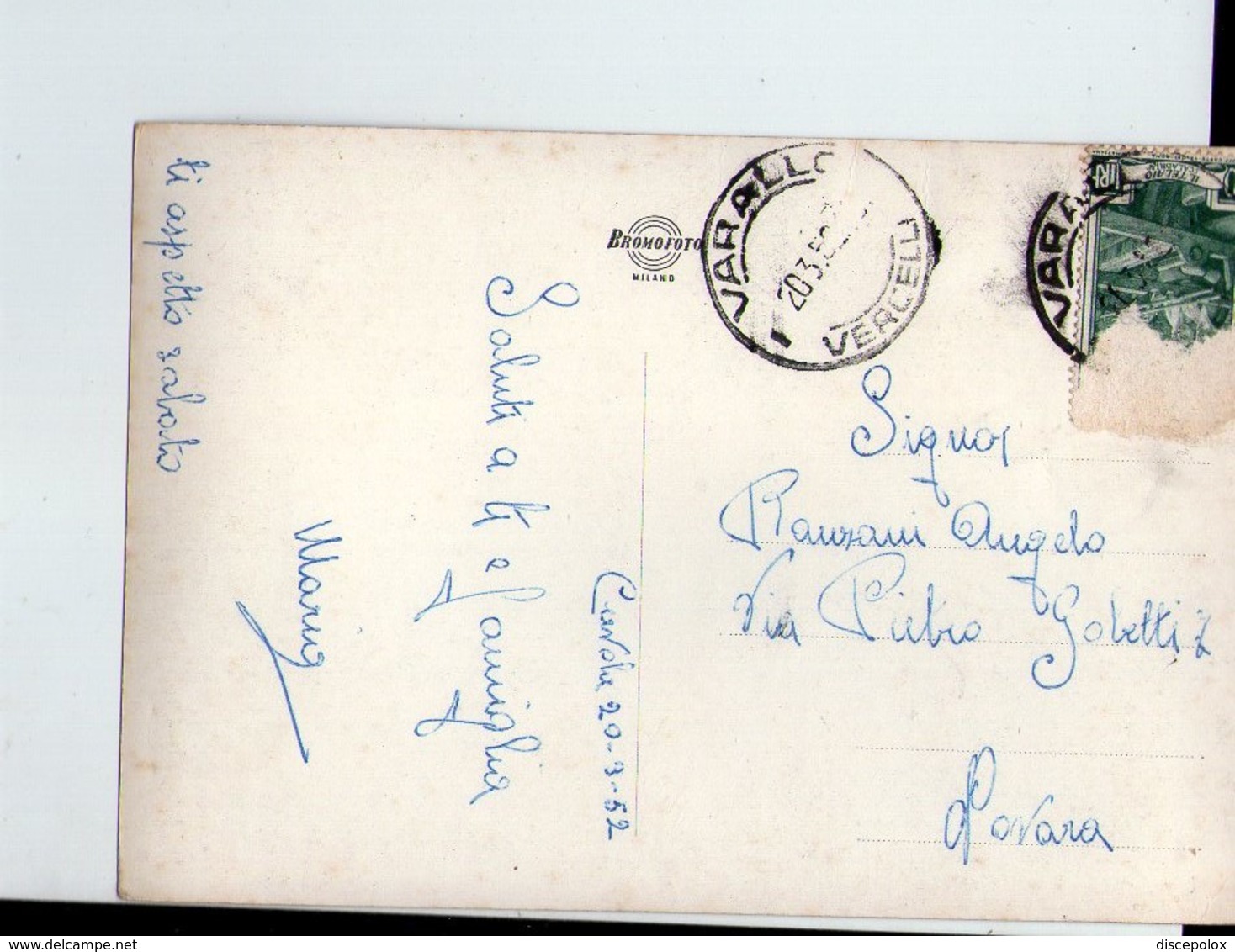 U3156 Bel Annullo Storia Postale VARALLO (vercelli) 1952 Su Cartolina BROMOFOTO - 1946-60: Storia Postale