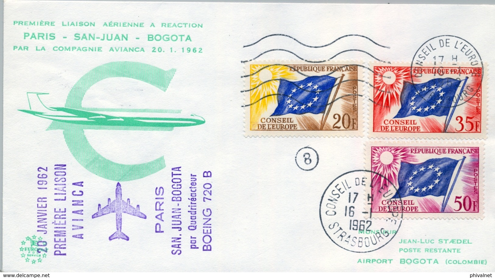 1962 , CONSEJO DE EUROPA , PRIMER VUELO PARIS - SAN JUAN DE BOGOTÁ - LLEGADA - Covers & Documents