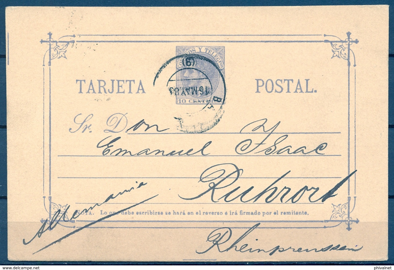 1883 , ENTERO POSTAL ED. 11 , BARCELONA - RUHRORT - 1850-1931