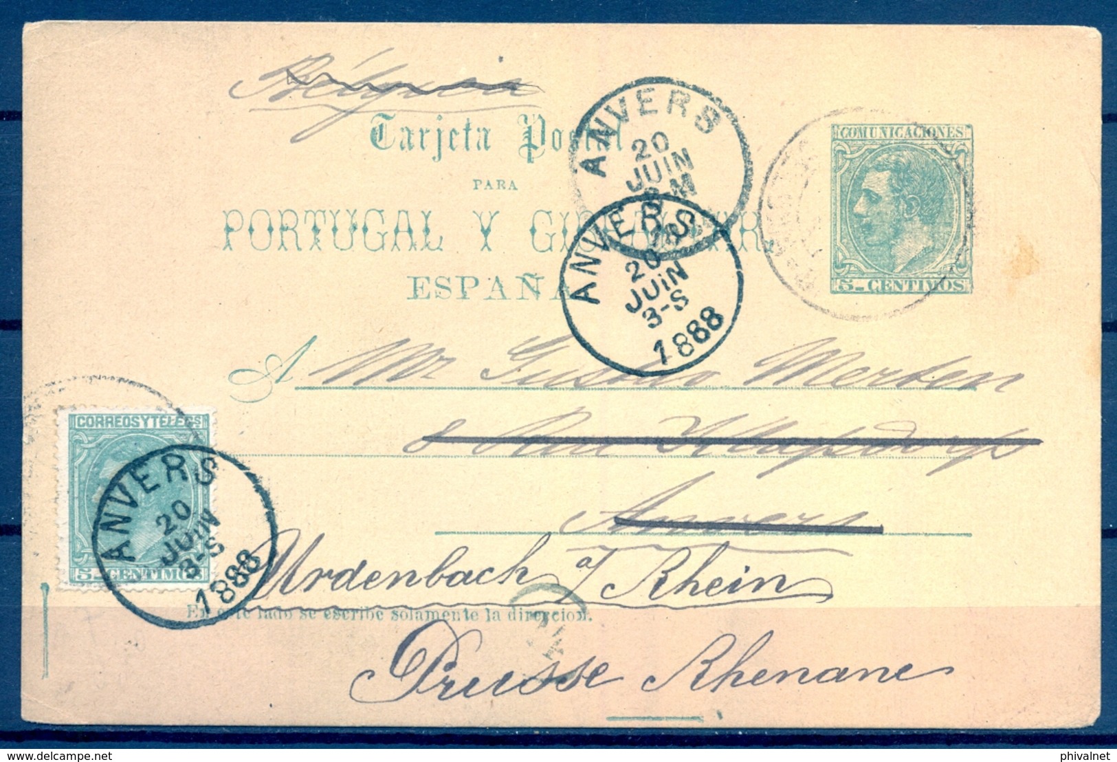 1888 , ENTERO POSTAL ED. 13 , BARCELONA - AMBERES , LLEGADA , REDIRIGIDO A PRUSIA - 1850-1931