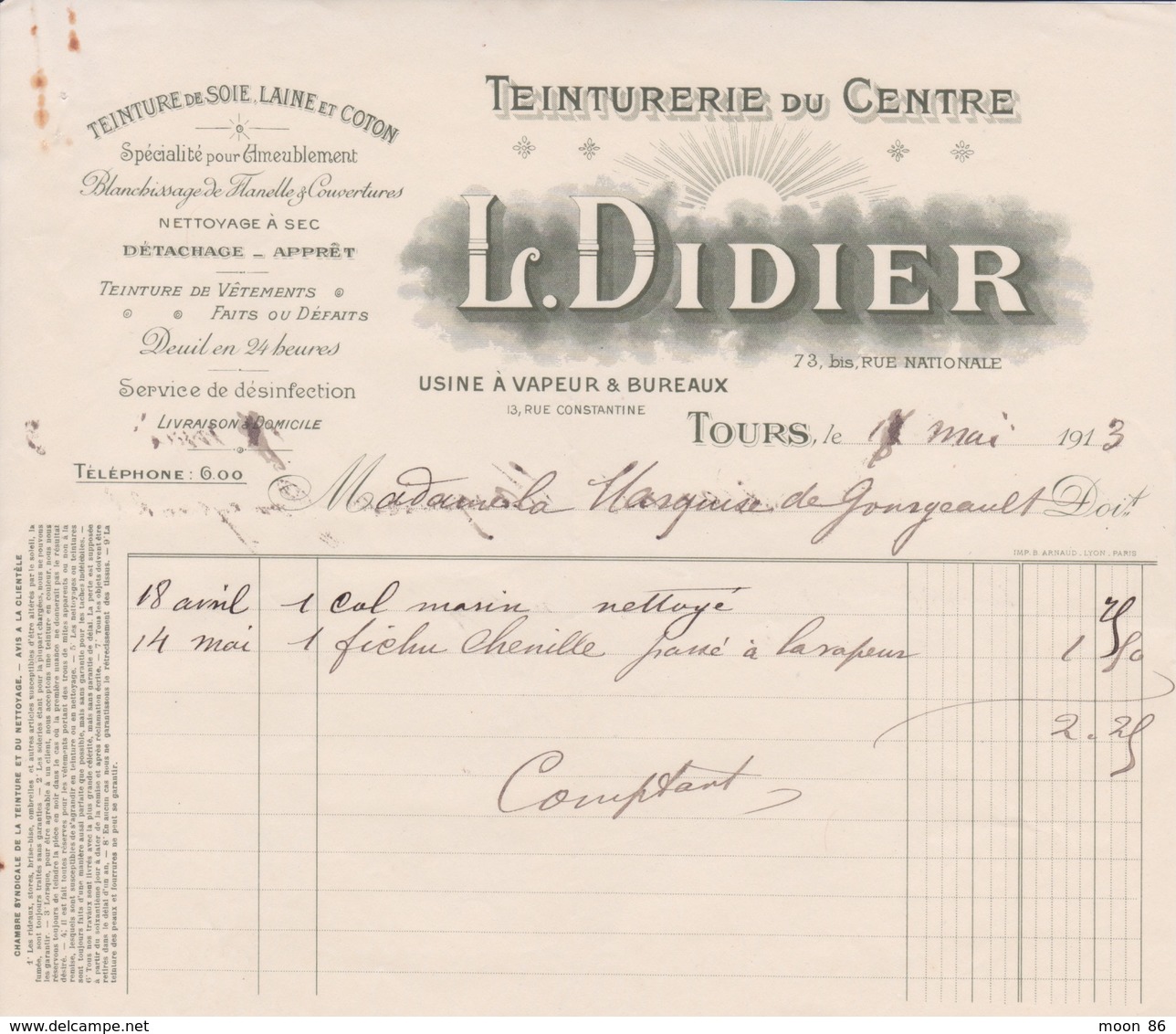 FACTURE  TEINTURERIE DU CENTRE - L. DIDIER A TOURS - USINE A VAPEUR BUREAUX RUE CONSTANTINE - FABRIQUE SOIE LAINE COTON - Droguerie & Parfumerie