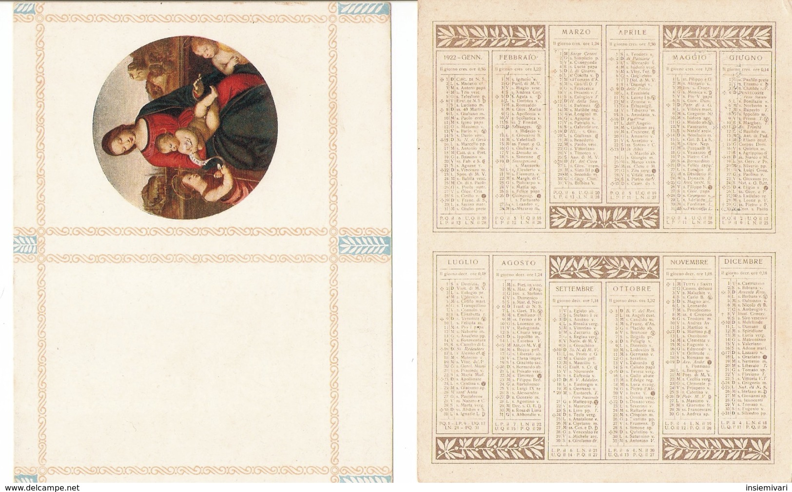 CALENDARIETTO 1922 Tematica Pittorica "MADONNA CON BAMBINI" - Altri & Non Classificati