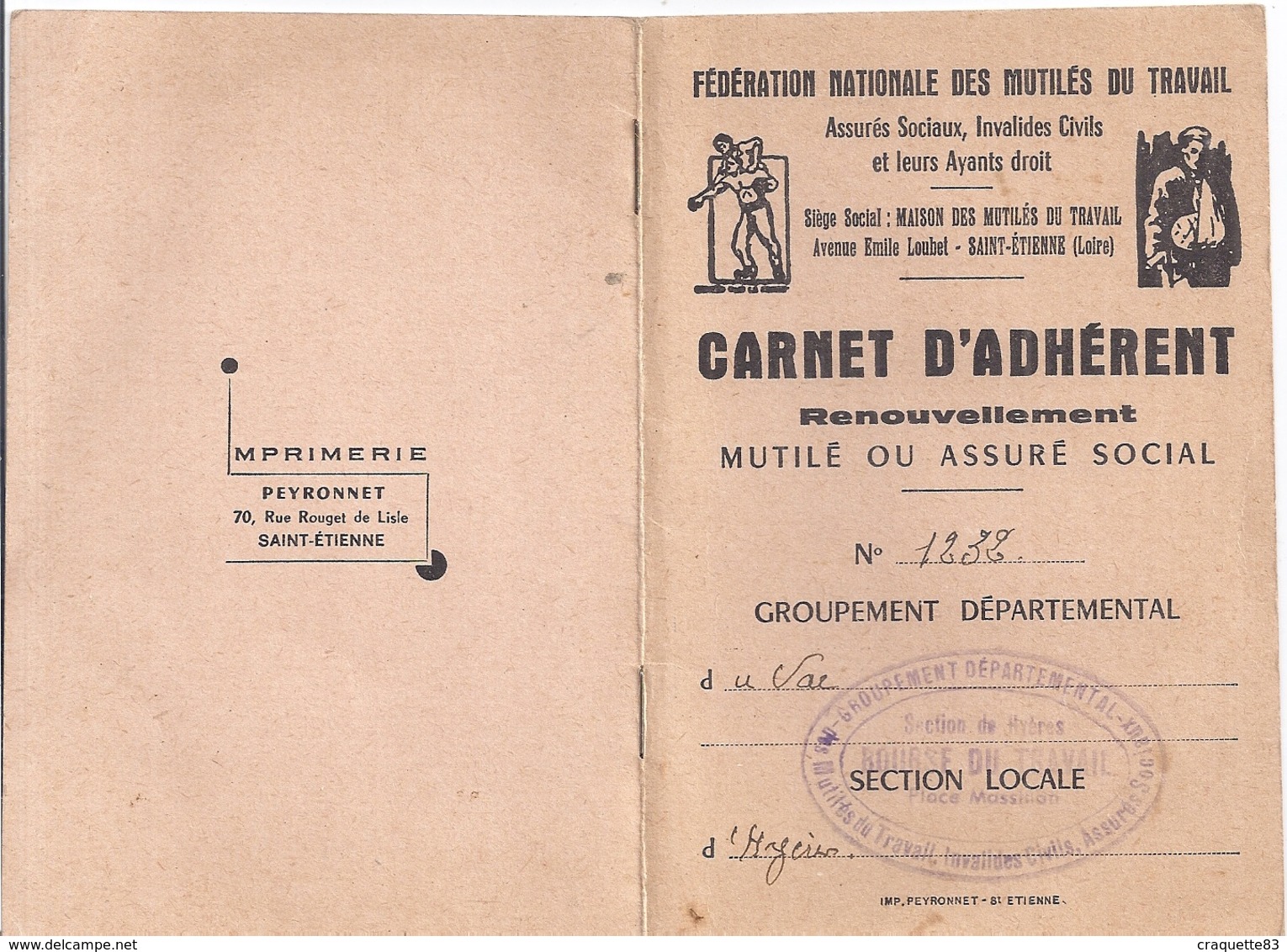 CARTE D'ADHERENT  -FEDERATION NATIONALE DES MUTILES DU TRAVAIL  VAR N°1232  HYERES 1973.74 - Autres & Non Classés