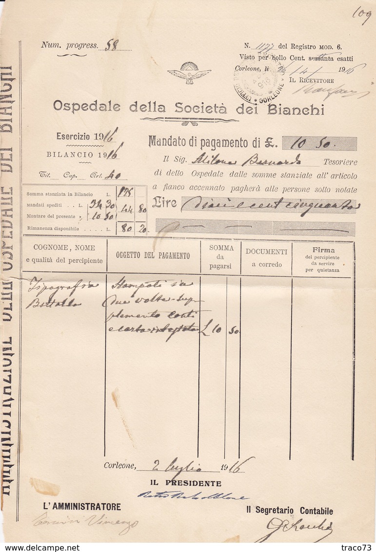 CORLEONE _ 1916 /  Fattura  " TIPOGRAFIA F.LLI BOTTALLA " _ Firma - Italia