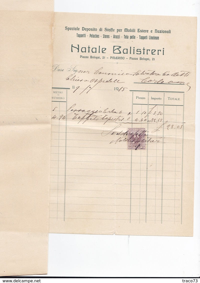 CORLEONE _ 1915 /  Fattura  " NATALE BALISTRERI " _ Firma - Italy