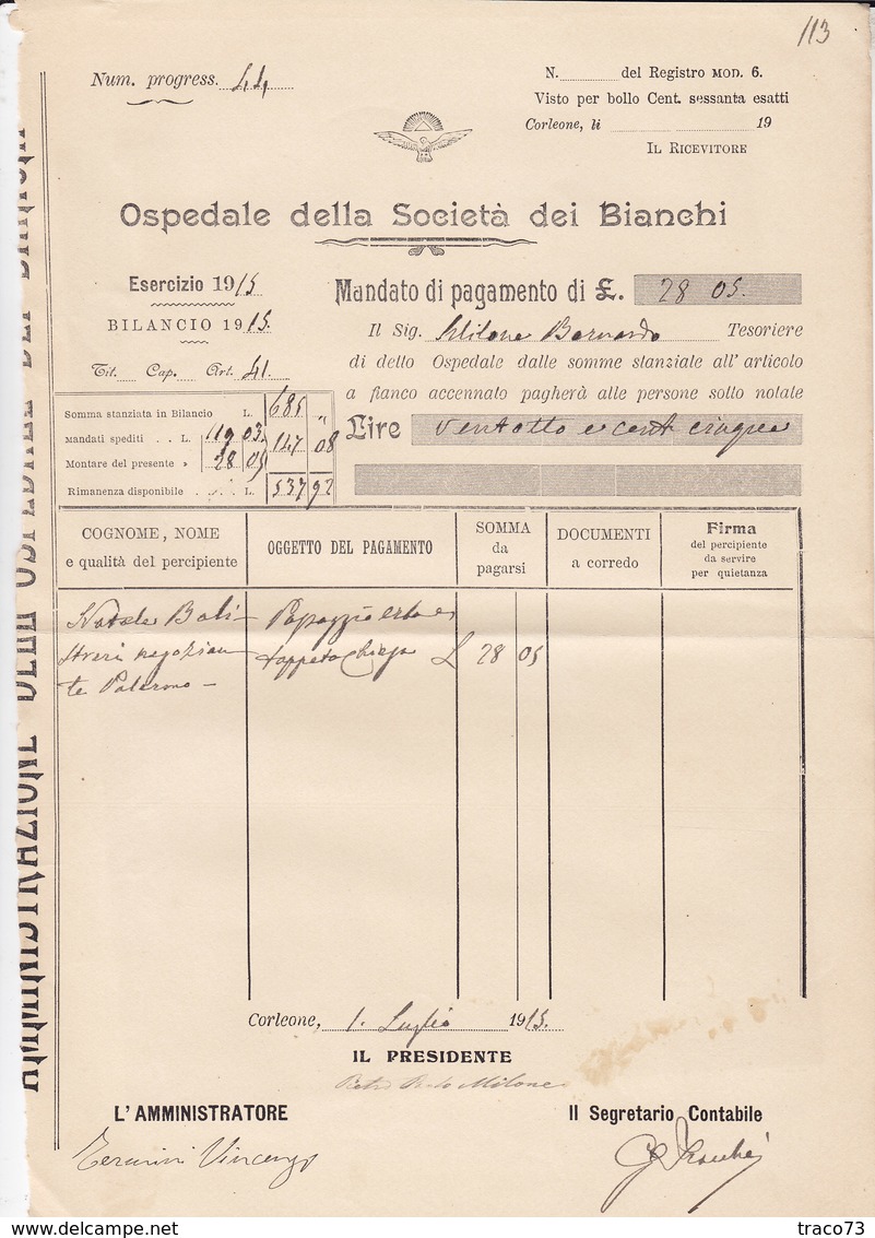 CORLEONE _ 1915 /  Fattura  " NATALE BALISTRERI " _ Firma - Italy