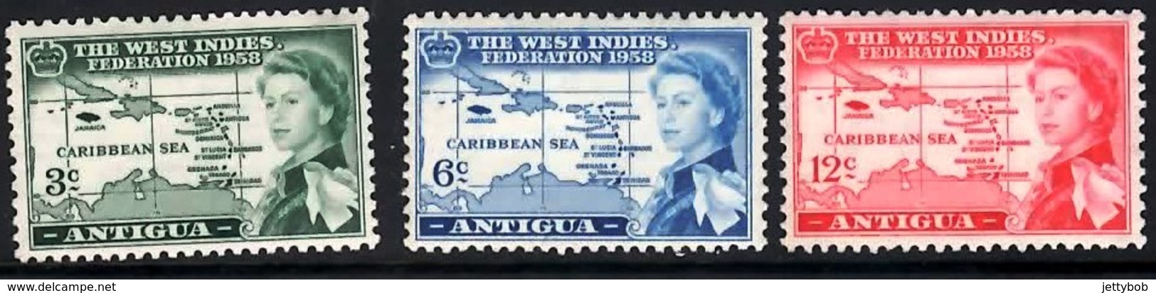 ANTIGUA 1958 QEII Caribbean Federation Complete Set Of 3 Values Mint - 1858-1960 Crown Colony