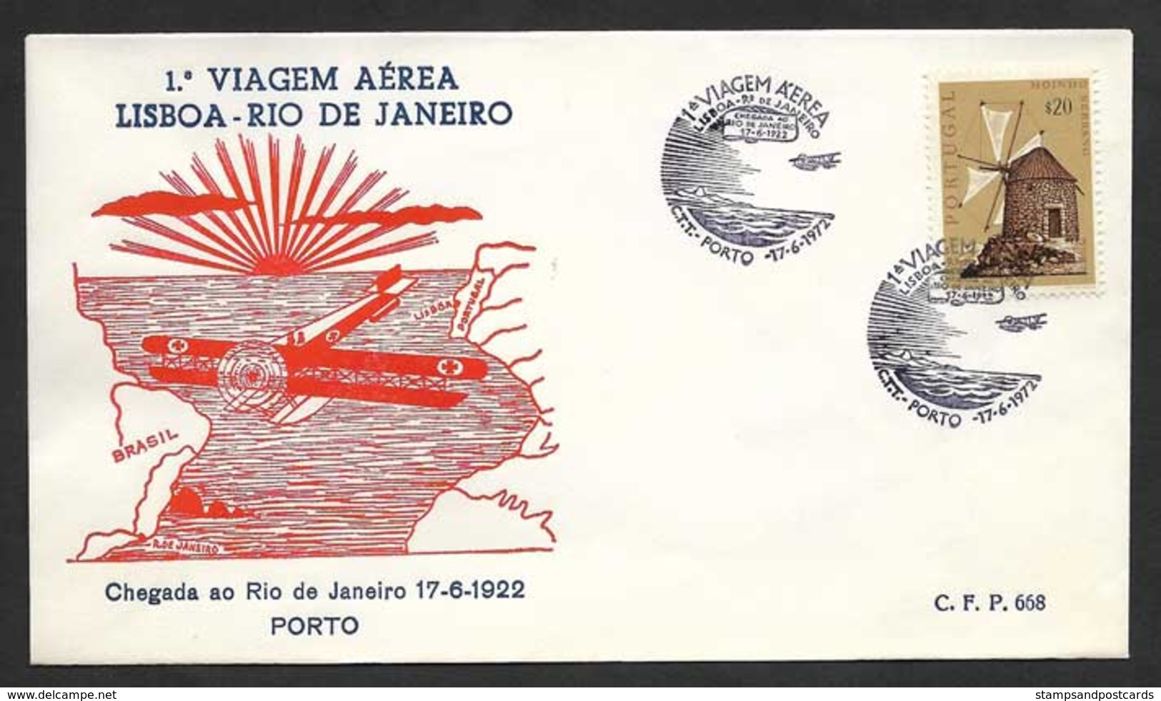 Portugal 50 Ans 1º Traversée Par Avion Atlantique Sud Gago Coutinho Cachet Commemoratif Porto Oporto 1972 - Flammes & Oblitérations